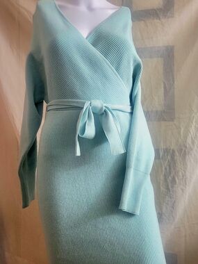 Zesica Womens Light Aqua Wrap Knit Dress with Belt